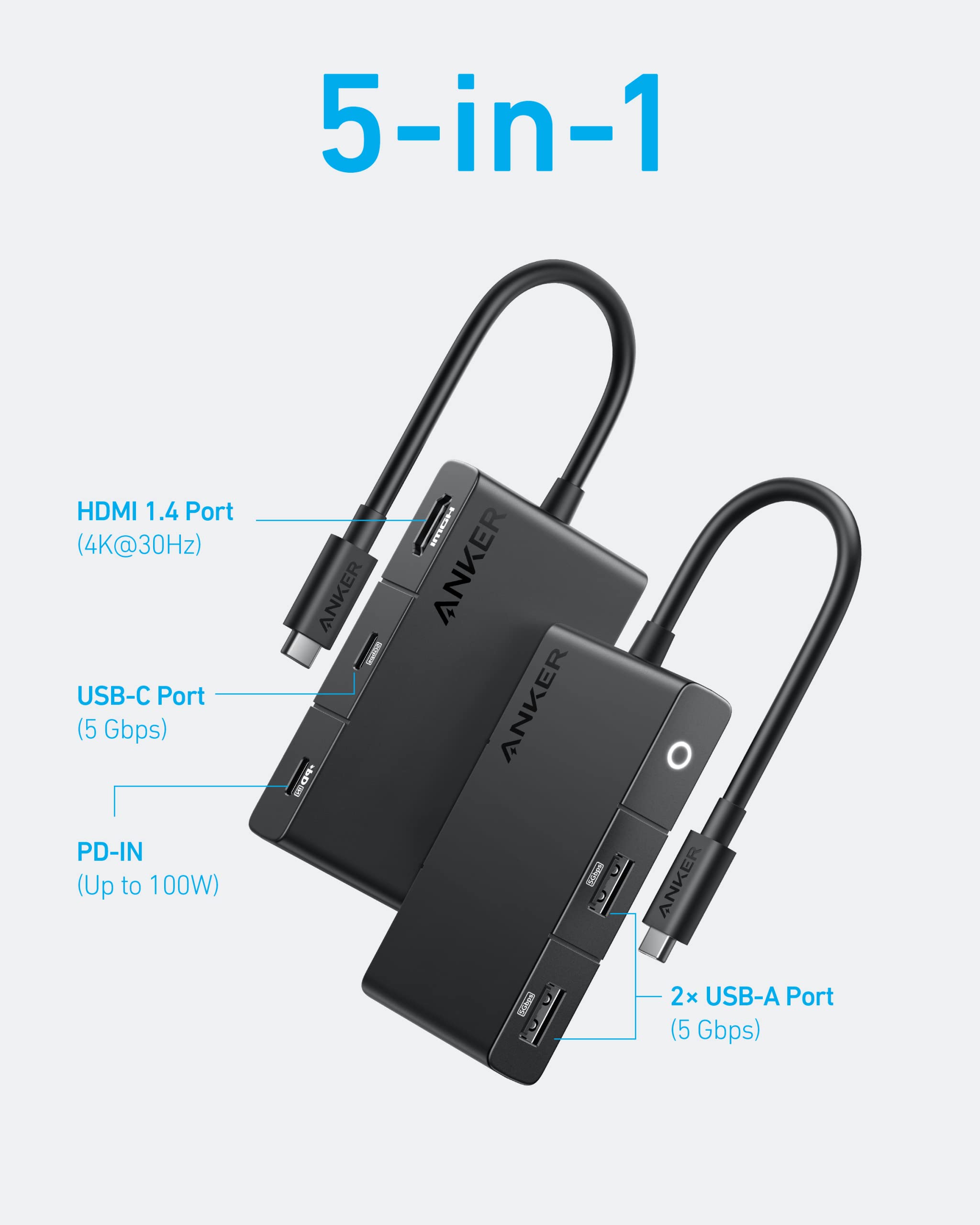 Anker Usb C Hub, 332 Usb-C Hub (5-In-1, 4K Hdmi) With 100W Power Delivery, 4K@30Hz Hdmi Display, 5Gbps Usb-C&A Data Ports For Ma