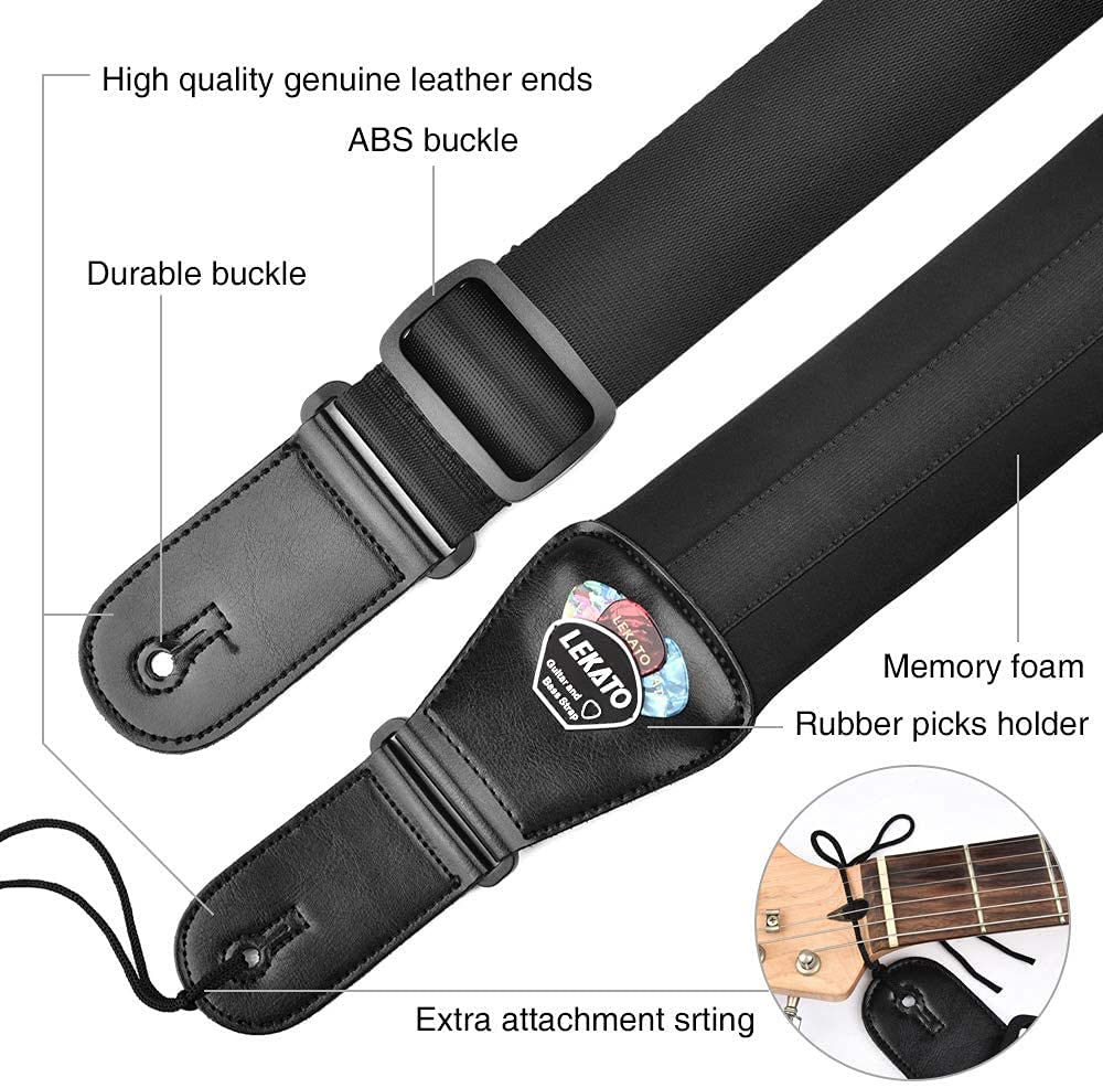 Lekato Bass Guitar Strap For Electric Guitar & Bass 3 Wide Guitar Straps Padded Bass Guitar Strap Adjustable Length From 38 To 4