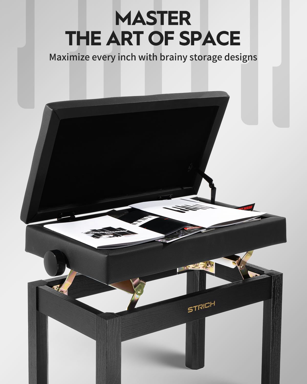 Strich Adjustable Piano Bench With Storage, Wooden Keyboard Bench With Bookcase Stool Chair Seat With High-Density Sponges Cushi