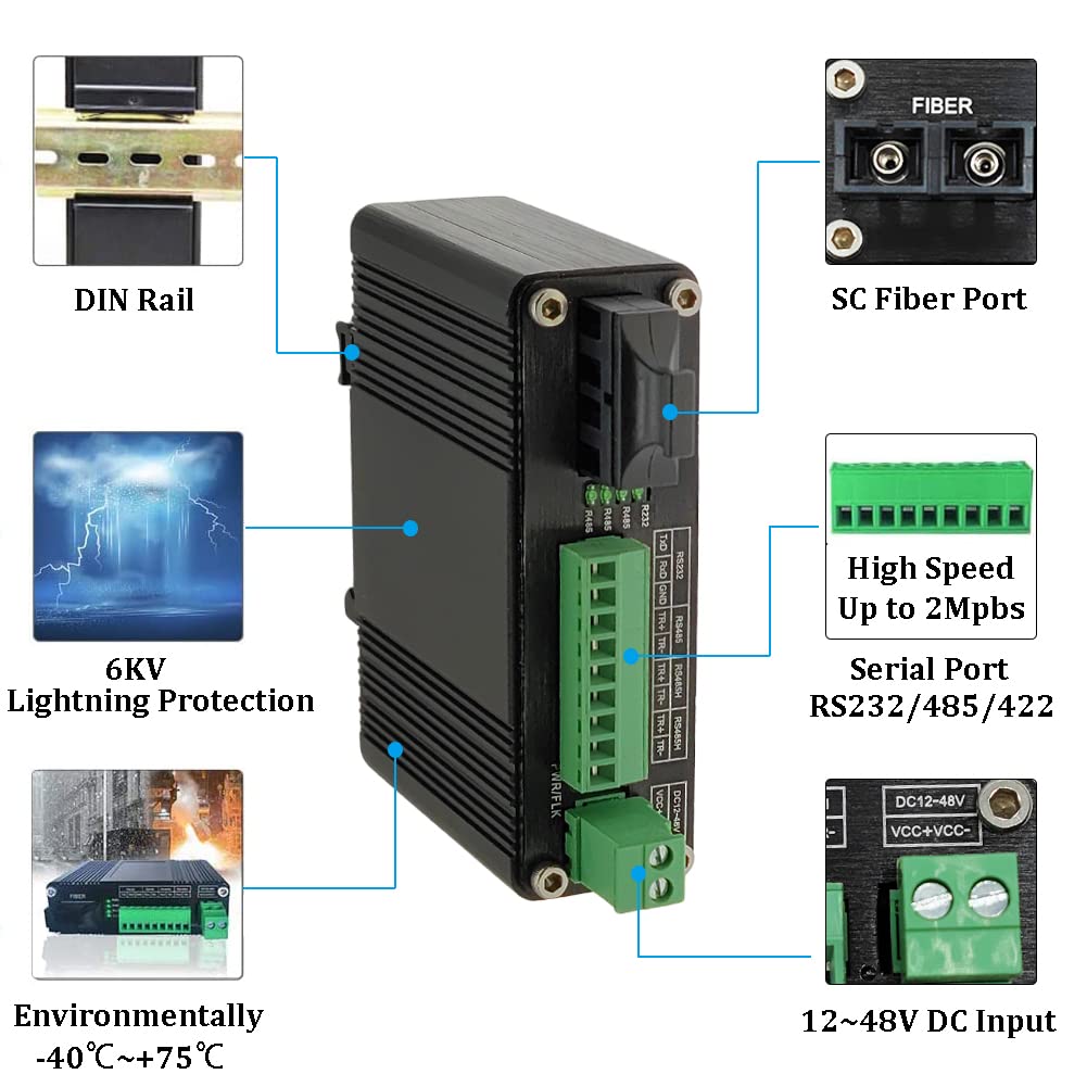 Industrial Serial Rs232 Rs485 Rs422 To Fiber Converter Bidirectional High Speed Optic Modem Sc Single Mode 20Km 1310Nm Serial Ov