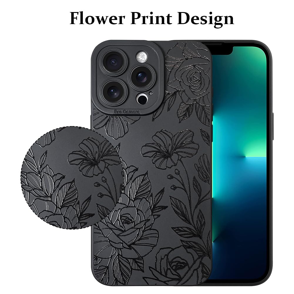 Lsl Case For Iphone 13 Pro Black Floral Flower Pattern Print Case Soft Tpu Full Camera Lens Anti Drop Anti Scratch Shockproof Pr