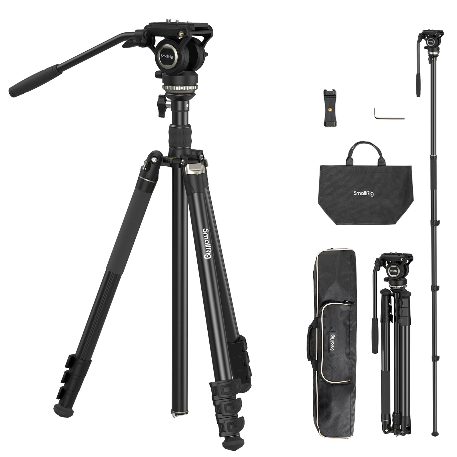 SmallRig CT210 Video Tripod, 75 Video Camera Tripod Monopod with +/-15 Leveling Base Fluid Head, Professional Camera Tripod Comp