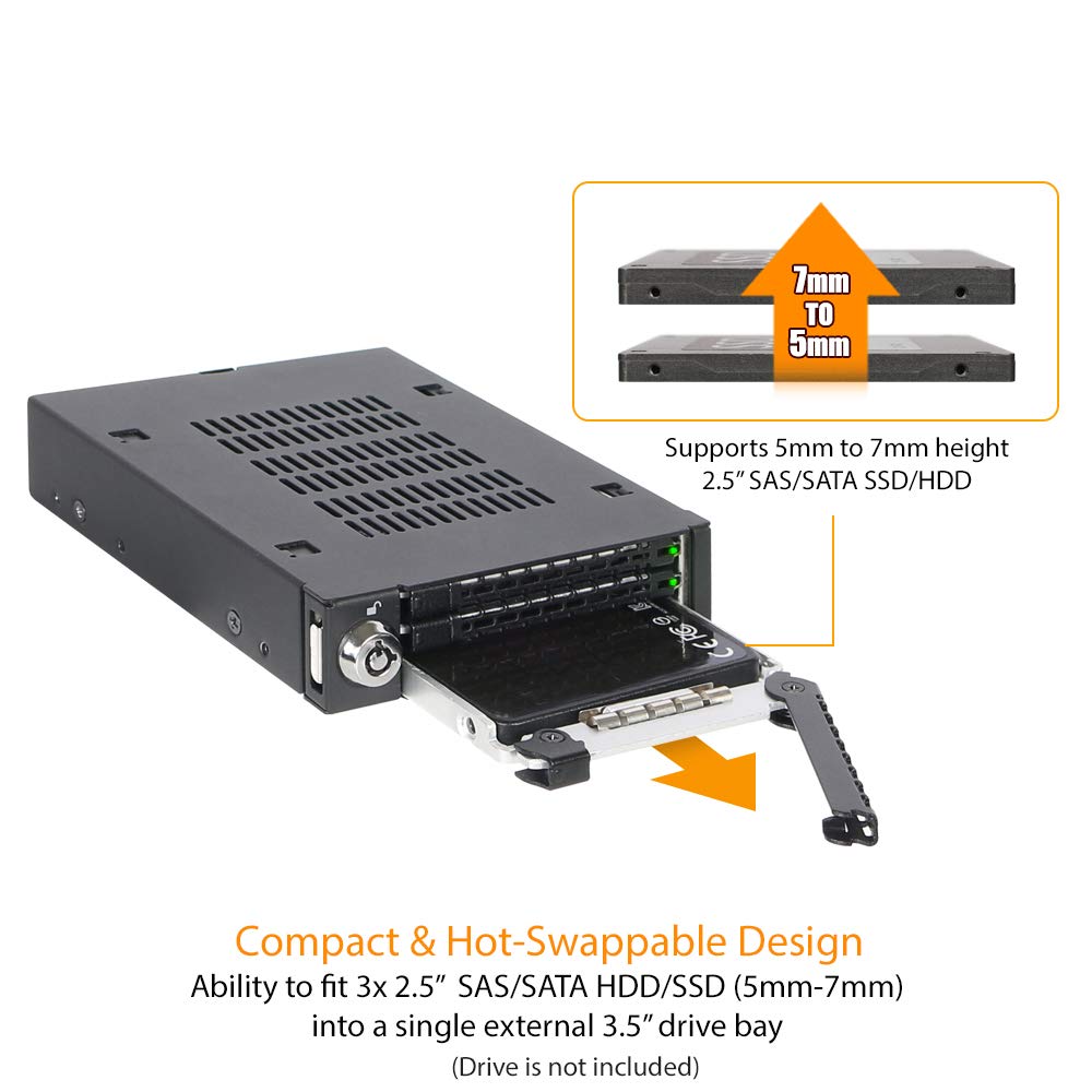 ICY DOCK Triple 3 Bay 2.5 inch SAS/SATA HDD & SSD Mobile Rack Enclosure for External 3.5� Drive Bay | ToughArmor MB993SK B