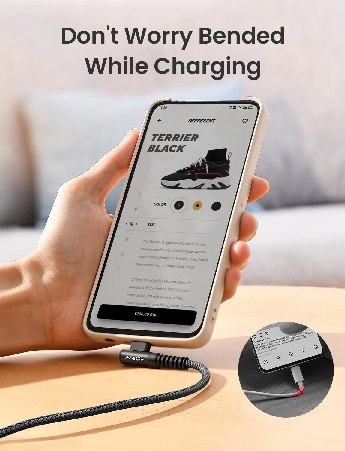 Ainope 2 Pack Type C Charging Cable 3.1A Fast Charge, Right Angle [6.6Ft+6.6Ft] Usb C Cable, Durable Nylon Braided Type C Chargi