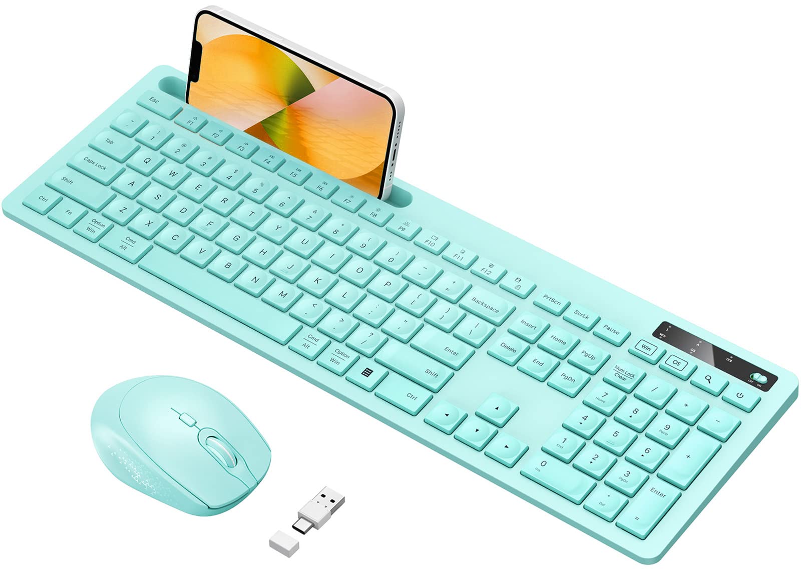Vivefox Teal Wireless Keyboard With Phone Holder Usb A & Type C Receiver Mint Keyboard And Mouse Compatible For Windows, Mac, Ma