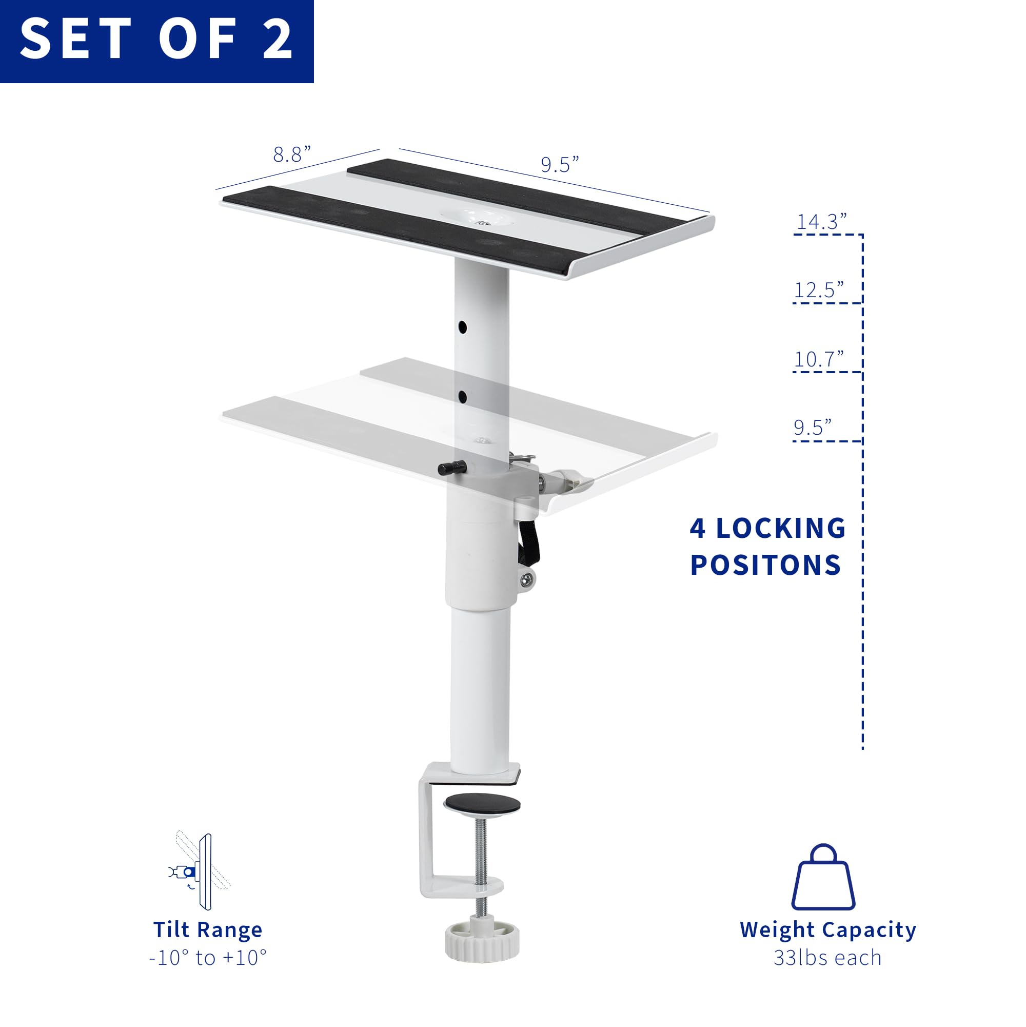 VIVO Clamp on Speaker Stand Desk Mount Set, 10 x 9 inch Trays, Height Adjustment and Tilt, Universal Audio Holders for Computer and Bookshelf Speakers, Elevated Sound, 2 Pack, White, MOUNT SP01CW