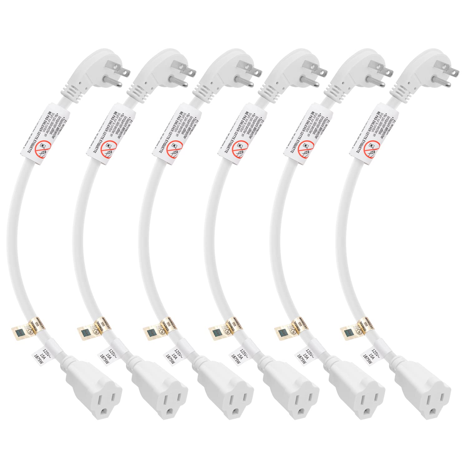 Firmerst 1875W 1Ft Flat Plug 3 Prong Extension Cord 14 Awg 15A White, 6 Packs