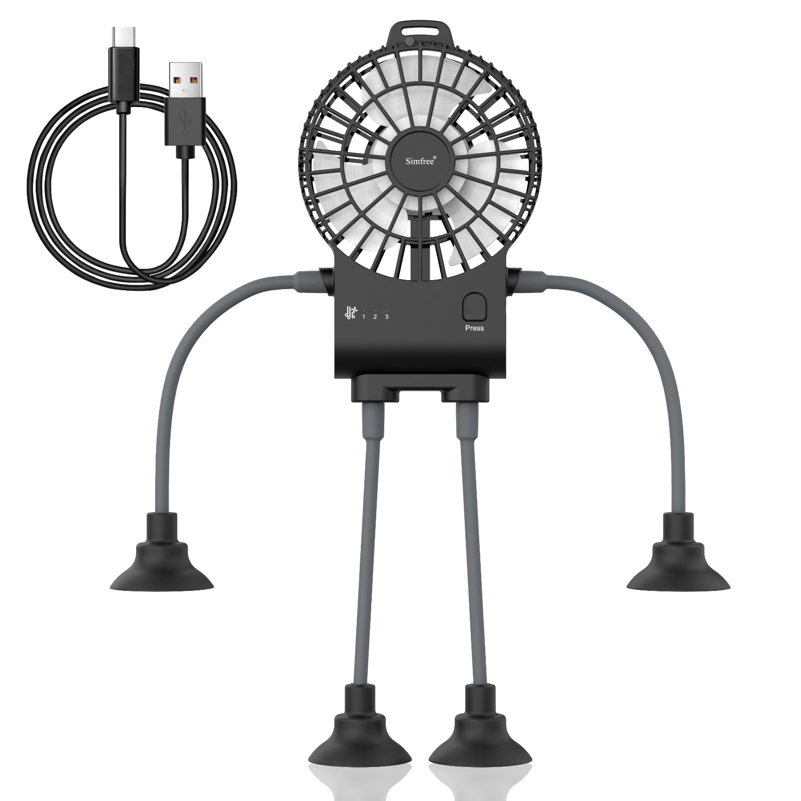 Simfree Portable Fan,Robot Desk Fan With Suckers-Rechargeable Portable Table Fan,3 Speeds Hands Free Fan For Home, Office,Game R