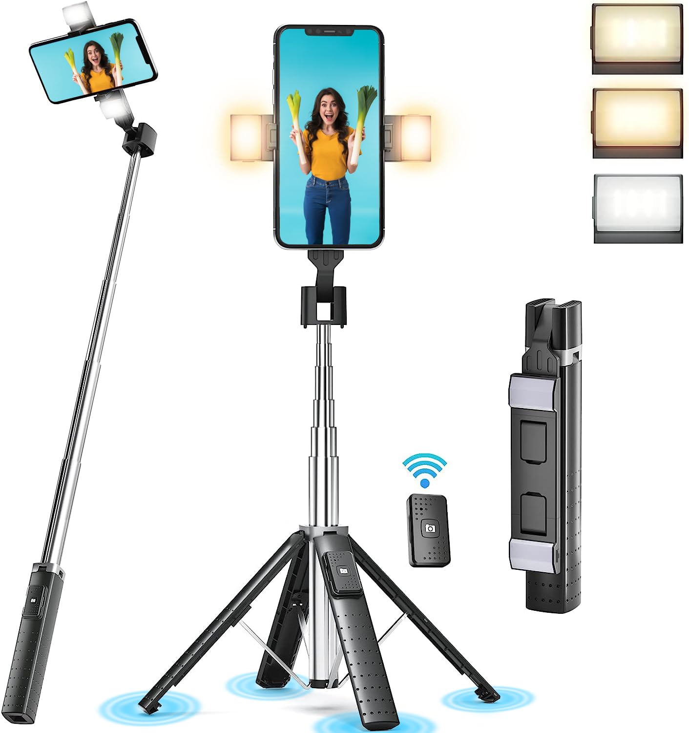 41    Selfie Stick Tripod Quadrapod with 2 Rechargeable Fill Light, Extendable Tripod with Bluetooth Remote, Stainless Steel, 3 