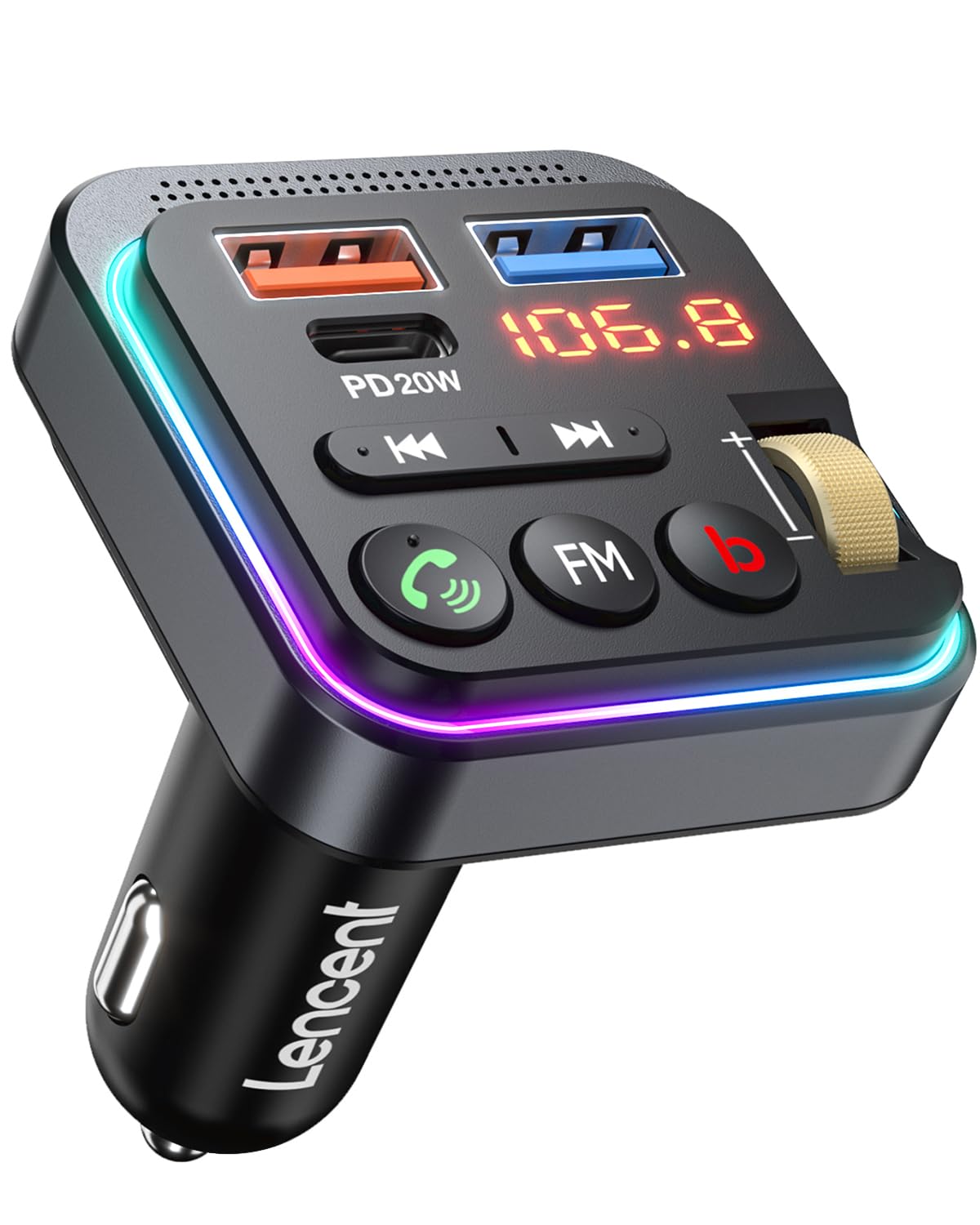 Lencent Bluetooth 5.0 Fm Transmitter For Car, [Pd 20W + Qc 3.0] Usb Charger Music Radio Adapter, Wireless Microphone &Hifi Bass