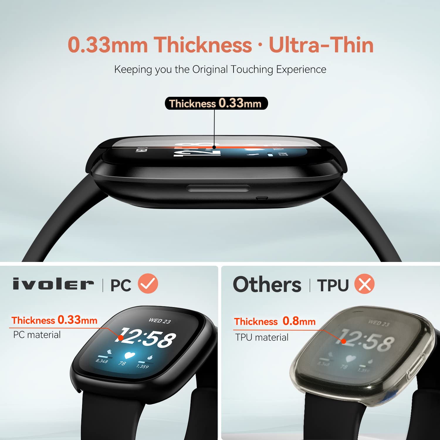 [4 Pack] Ivoler Screen Protector Tempered Glass For Fitbit Sense/Versa 3, Hard Pc Case With Bumper Cover Sensitive Touch Full Coverage Protective Case For Sense/Versa 3 Smart Watch, Black