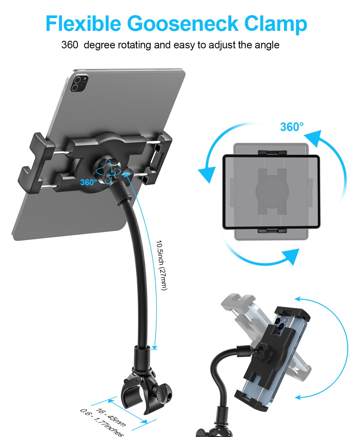 Woleyi Gooseneck Tablet Holder For Spin Bike, Peloton Ipad Holder Mount Exercise Bike Handlebar Stand For Stationary Bicycle, Tr