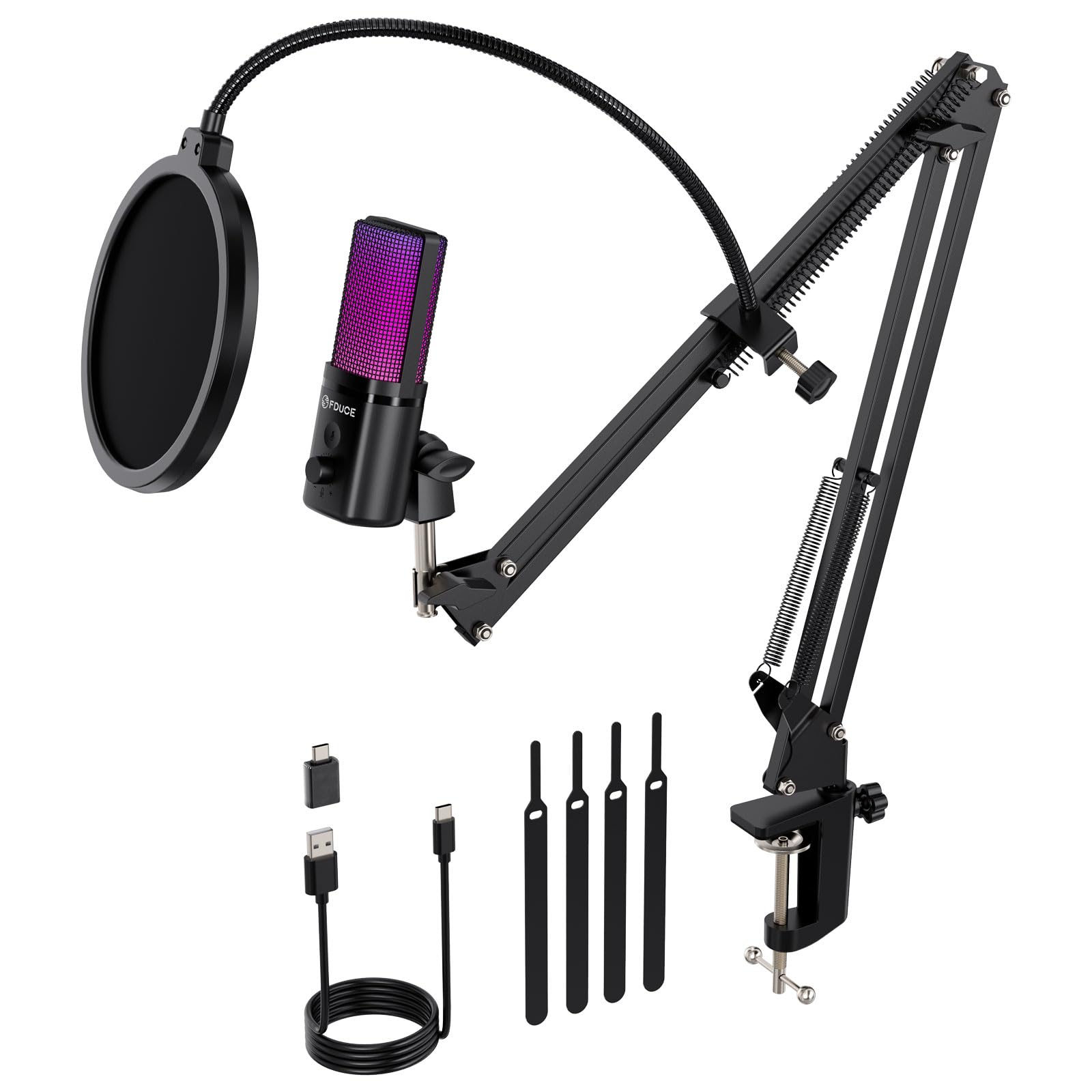 Fduce M160 Usb Gaming Microphone Kit For Pc,Rgb Condenser Podcast Mic With Monitor Jack,Quick Mute,Gain Control,Pop Filter,Boom 