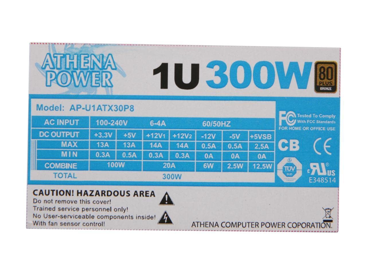 Athena Power Ap U1Atx30P8 20+4Pin 300W Single 1U Ipc Server Power Supply   80Plu