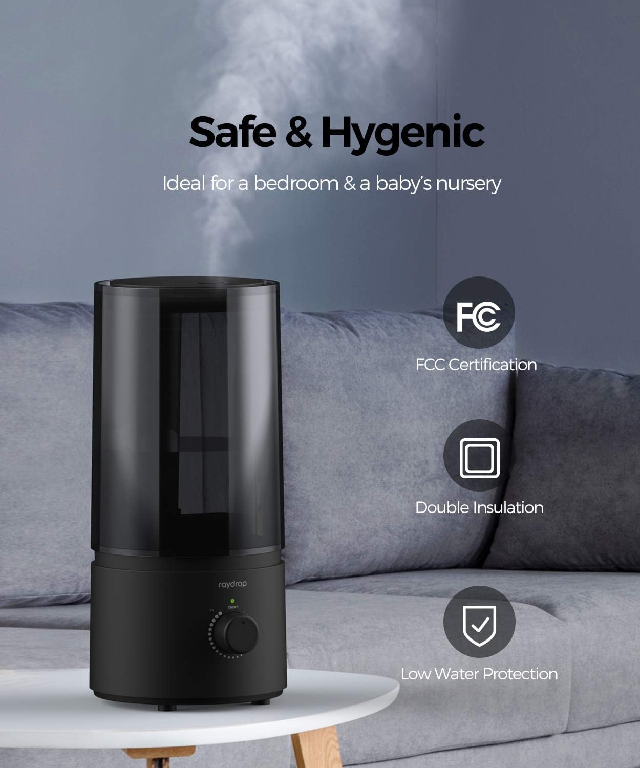 Humidifiers For Bedroom, Raydrop Cool Mist Humidifiers For Babies, 1.0L Quiet Ultrasonic Humidifier, Space Saving, Filterless, A