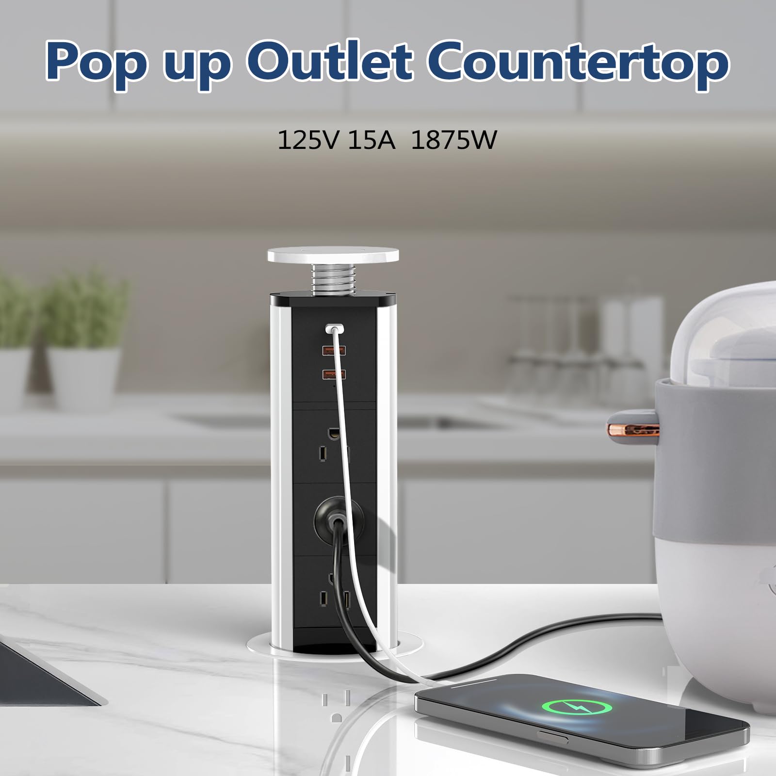 Btu 20W Pop Up Outlet For Kitchen Countertop, Retractable Recessed Outlet With 3 Ac Outlet, 2 Usb A Ports And 1 Usb C Port For K