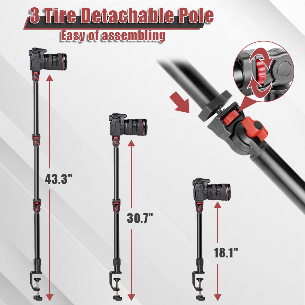 Foutoukeep Overhead Camera Mount With 1/4 3/8'' 5/8'' Screws, Adjustable 3 Section Desk Camera Mounts With 180 Range & 360 Base