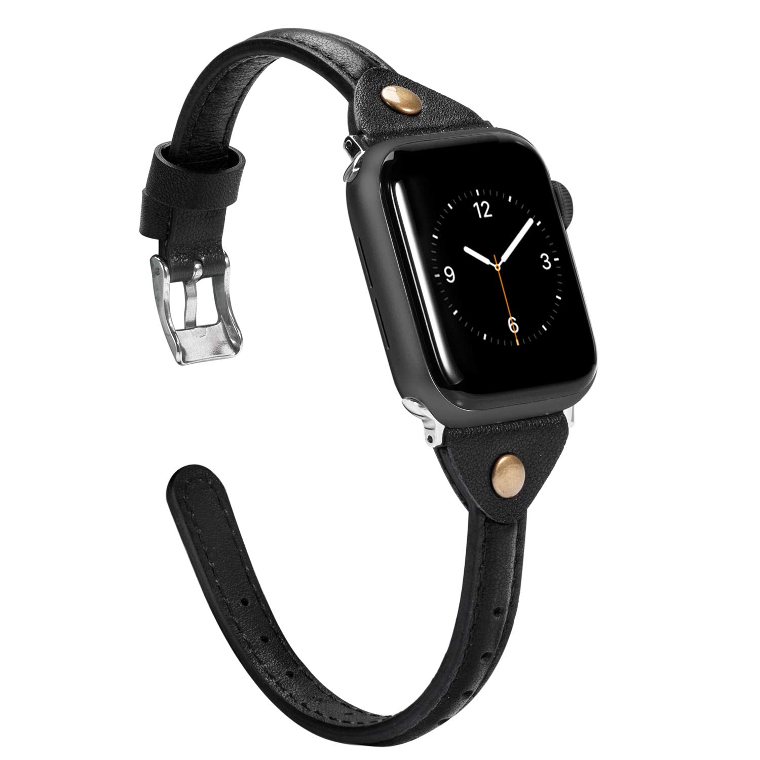 Wearlizer Black Leather Compatible With Apple Watch Slim Leather Band 42Mm 44Mm 45Mm 49Mm(Ultra) For Women Men Strap Wristband R