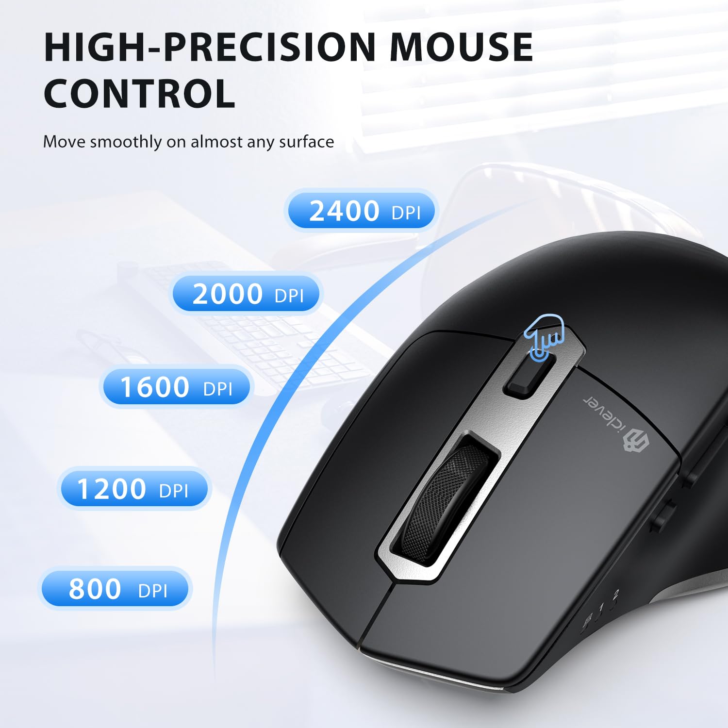 Iclever Bluetooth Mouse, Wireless Large Mouse, Multi Devices Dual Mode, Ergonomic Mouse With 5 Adjustable Dpi And 7 Buttons, Rec
