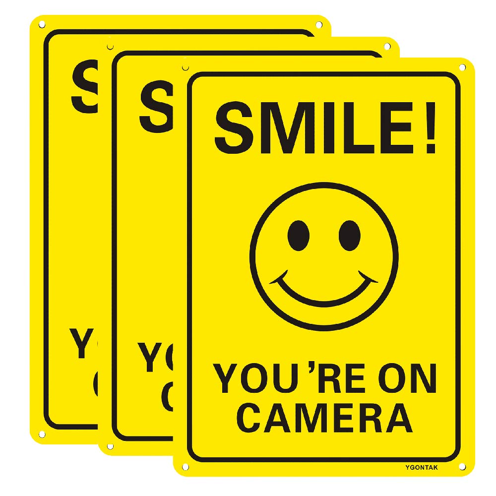 3Pack Smile You'Re On Camera Video Surveillance Signs 10X7 Inches Anti Rust Aluminum Uv Protected Reflective Signs For Home Busi