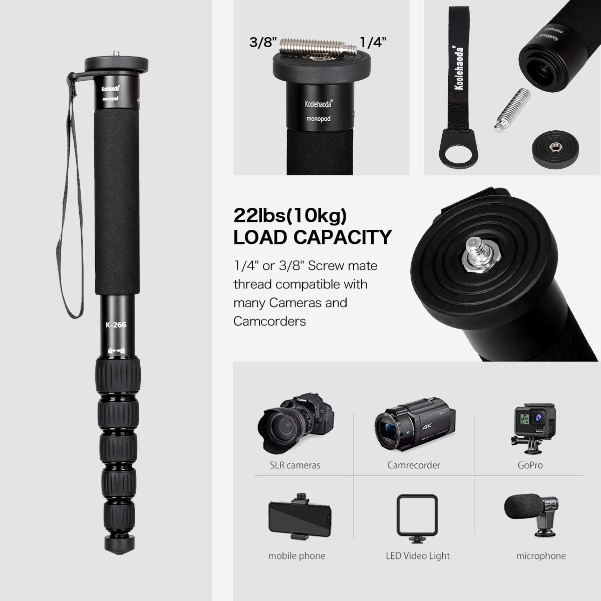 Koolehaoda 6 Section Monopod Compact Portable Photography Aluminum Alloy Unipod Stick, Max. Load 10Kg / 22Lbs, Folding Size Is O