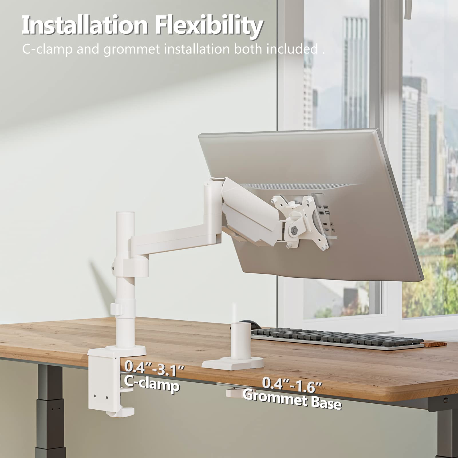 WALI Single Monitor Mount, Adjustable Gas Spring Arm Desk Mount for Screen up to 32 inch, 17.6lbs Weight Capacity, Mounting Pattern 75 x 75mm or 100 x 100mm (GSDM001W), White