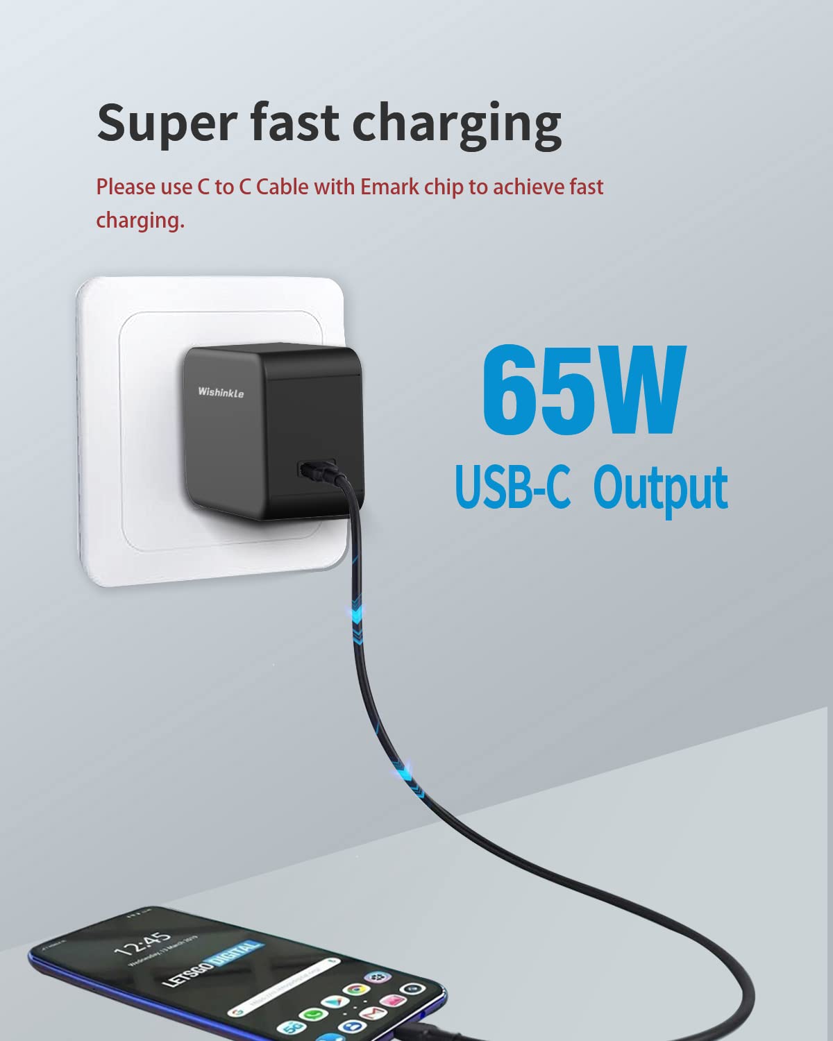Wishinkle Usb C Charger,65W Pd 3.0 Gan Tech Fast Charging Wall Charger,Foldable Type C Power Delivery Adapter For Max Se,Galaxy S10, Switch And More