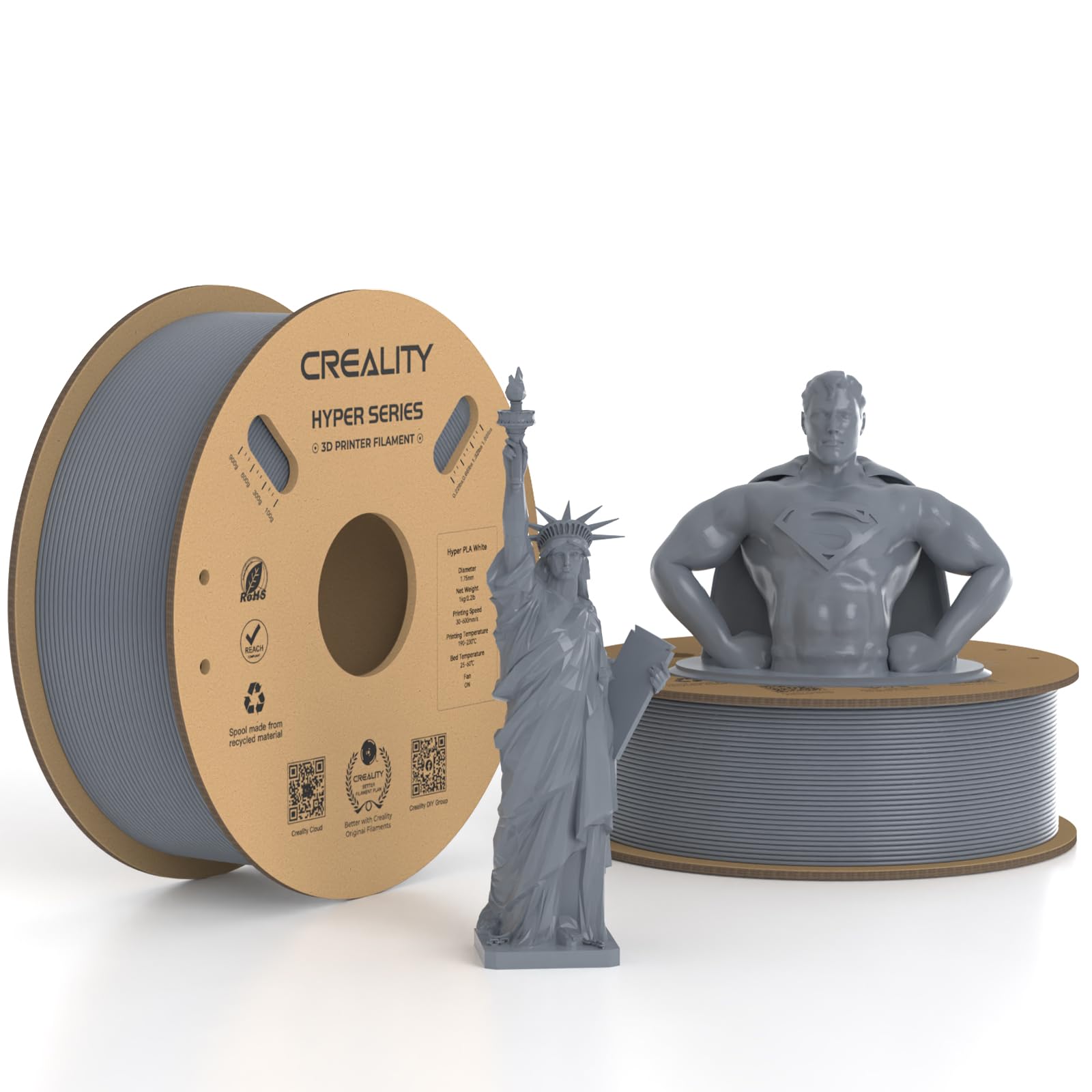 Creality Hyper PLA Filament 1.75mm Grey & Grey 2KG, 30-600mm/s Rapid High Speed PLA 3D Printer Filament, 2 Pack 1kg Spool(2.2lbs