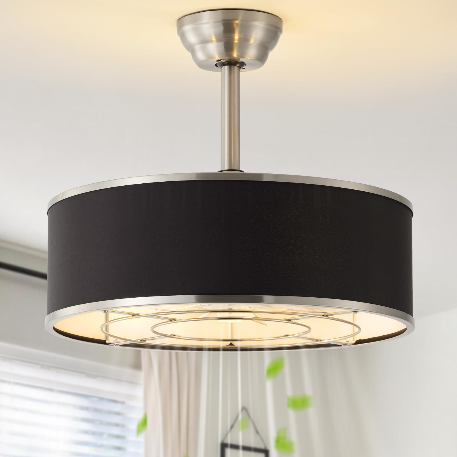 Tuirmhais 20 Black and Sliver Caged Boho Fandelier Ceiling Fan with Light & Remote Control - Bladeless Chandelier Fan, 6 Speed Q