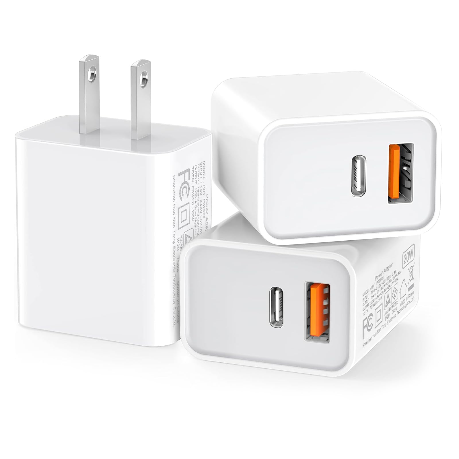 3 Pack Usb C Wall Charger, 20W Durable Dual Port Qc+Pd 3.0 Power Adapter, Double Fast Plug Charging Block For Iphone 13/14/15/16/16 Pro/Pro Max/Plus, Xs/Xr/X, Watch Series 8/7 Cube,White