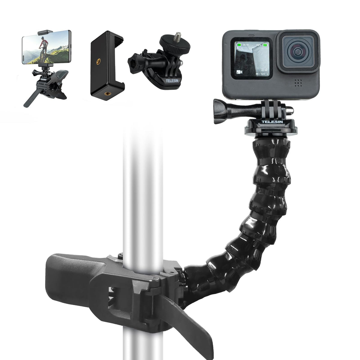 Telesin Jaws Flex Gooseneck Clamp Mount For Gopro Insta360 Phone, Desk Table Magic Arm Holder Clip For Go Pro Max Hero 13 12 11 