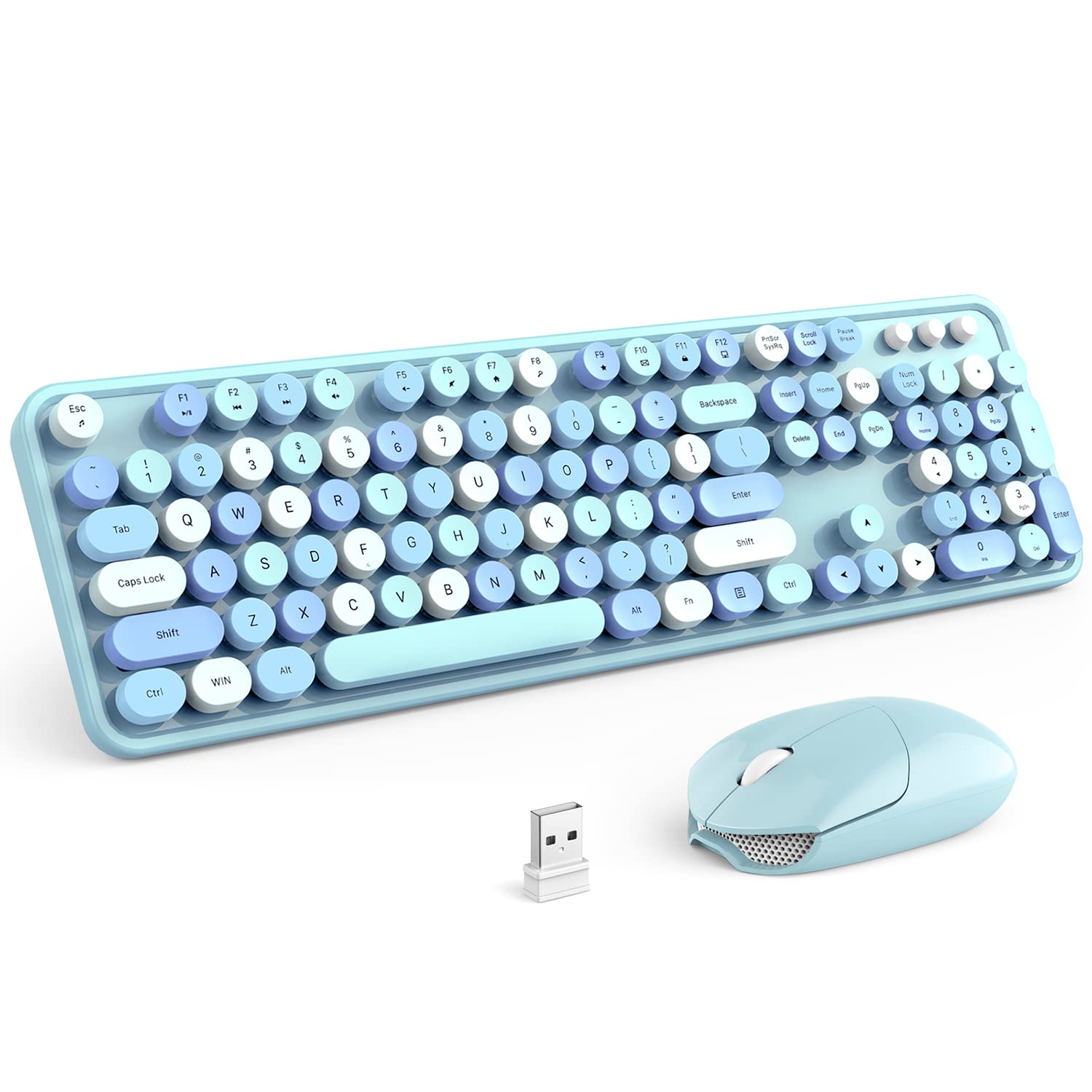 Knowsqt Wireless Keyboard And Mouse Combo, Blue 104 Keys Full Sized 2.4 Ghz Round Keycap Colorful Keyboards, Usb Receiver Plug A