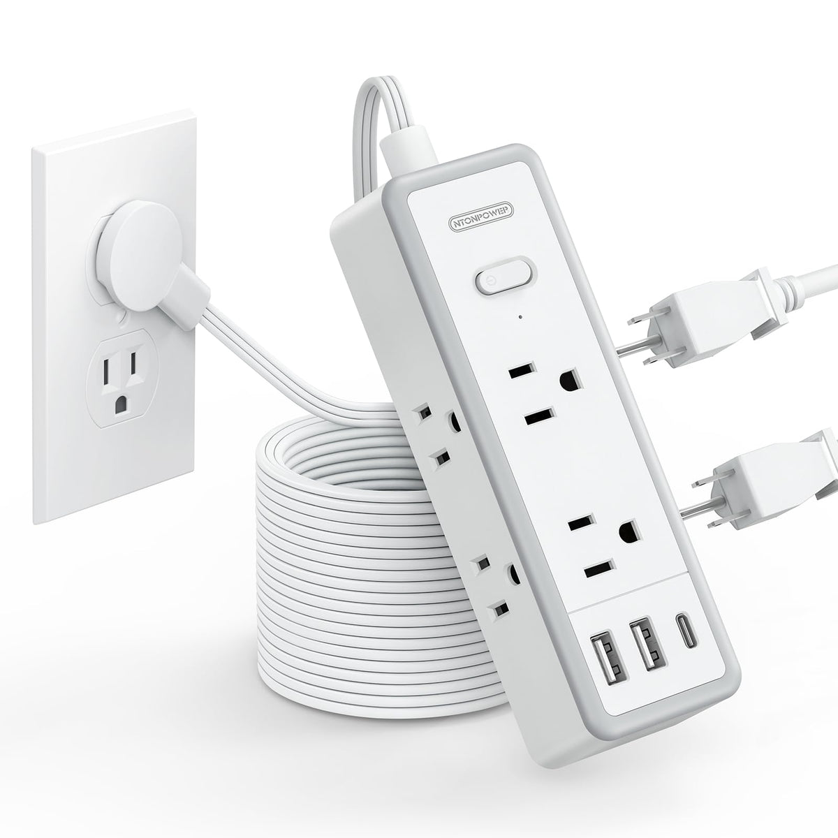NTONPOWER Power Strip Surge Protector(1080J), Extension Cord 10 FT Flat Plug, 6 Wide outlets with 3 USB Ports (1 USB C), 3 Sided