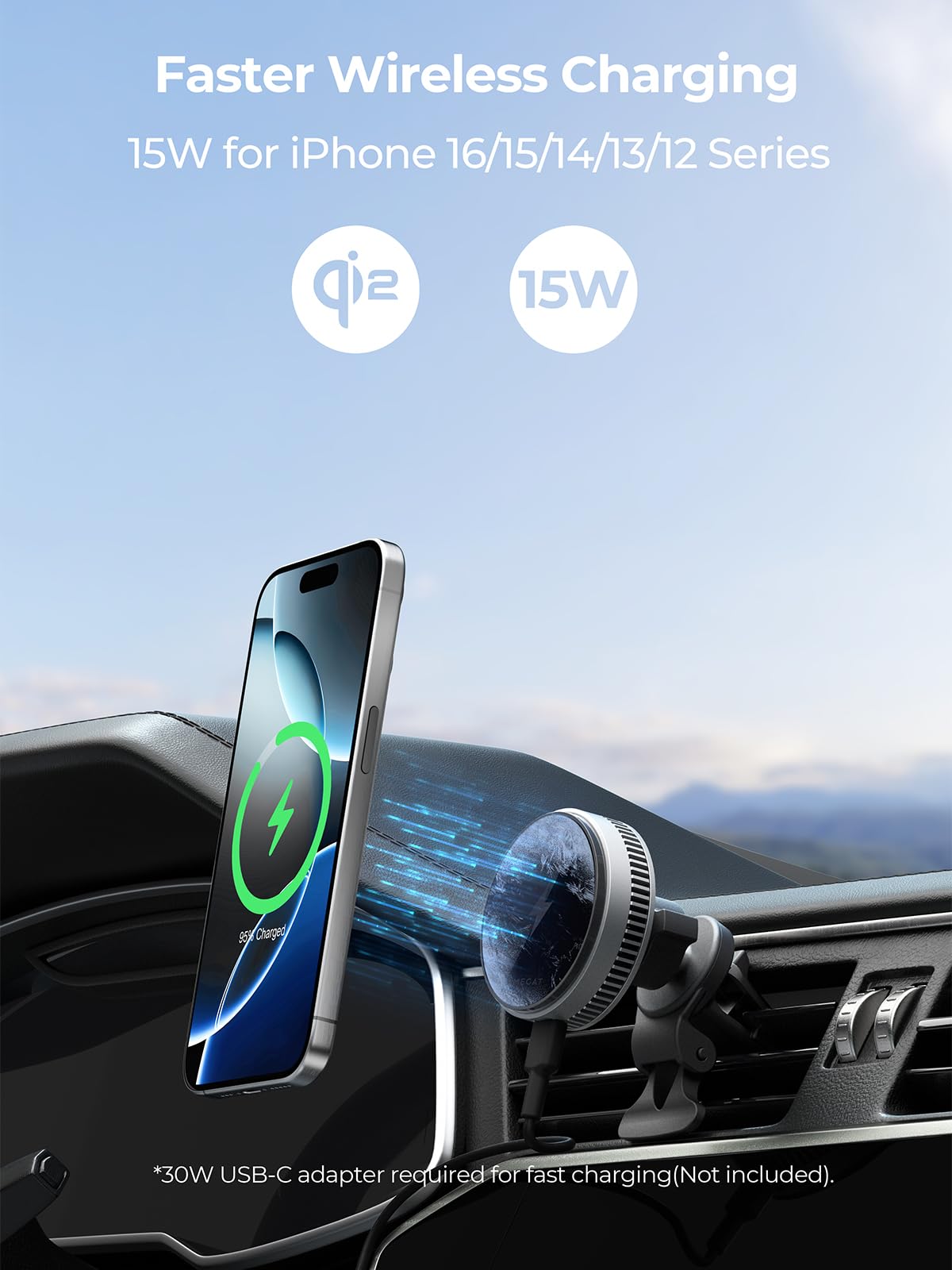 Amegat Magnetic Car Charger, Active Cooling 15W Qi2-Certified Fast Charging Compatible With Magsafe Car Charger, Air Vent Phone