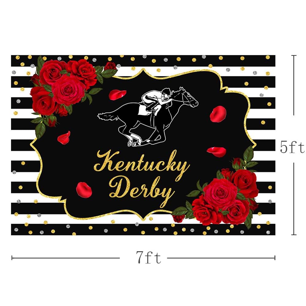 Mehofond 7X5Ft Kentucky Derby Backdrop Rose Kentucky Derby Photography Background Black White Horse Racing Party Supplies Gold C
