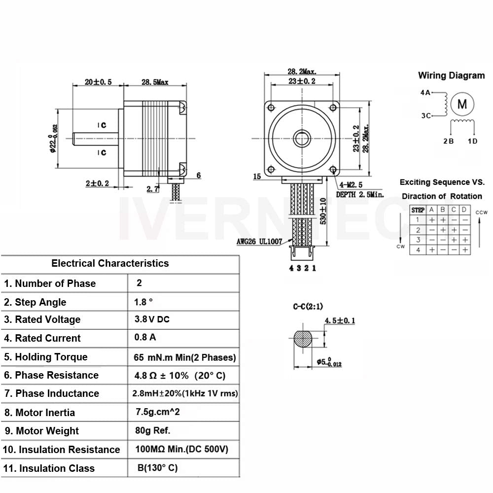 Iverntech Nema 11 Stepper Motor 28Mm Body 1.8 Stepper Angle 0.8A 2 Phase 4-Lead With 50Cm Cable For 3D Printer, Cnc Machine And