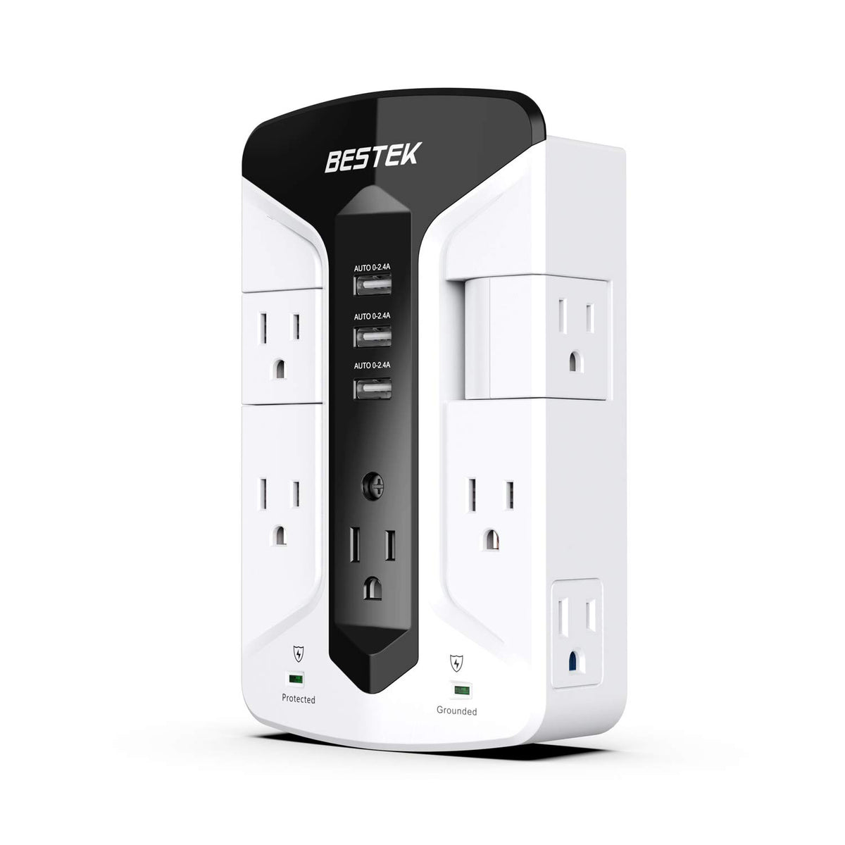 Bestek 7 Outlet Wall Tap Surge Protector Power Strip With Swivel Outlets, 3 Usb Charging Ports, 900 Joule Surge Suppression, Top