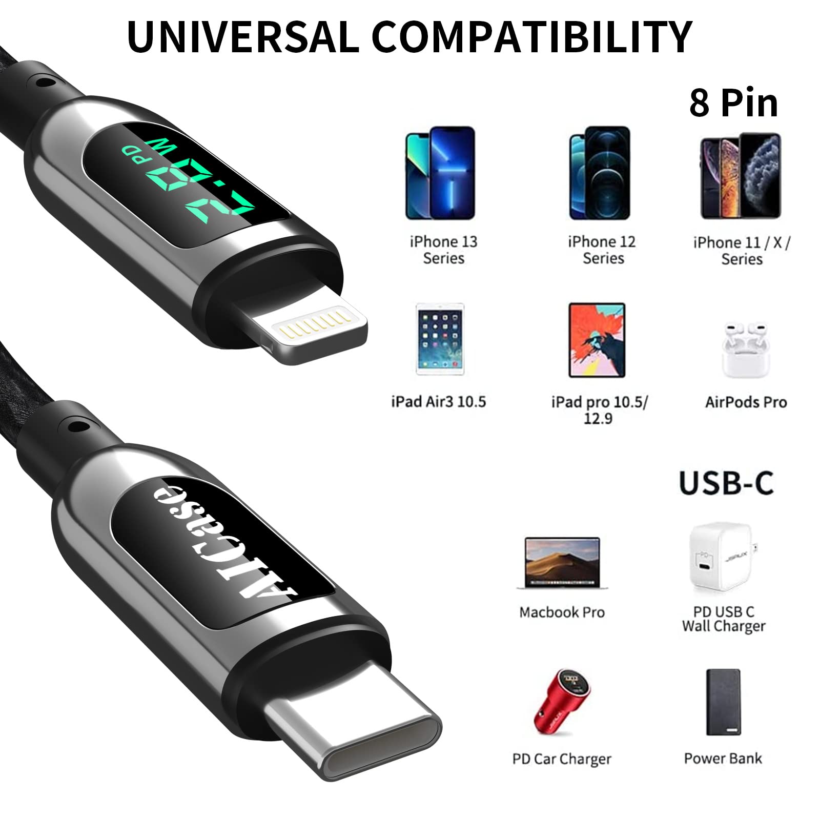 AICase USB C Auf Lightning Kabel, 1.2 m Lade synchroniser ungskabel mit LED Display, kompatibel mit iPhone 13 13 Pro 12 Pro Max 12 11 X XS XR 8 Plus, AirPods Pro, unterst�tzt Power Delivery (1.2 m)