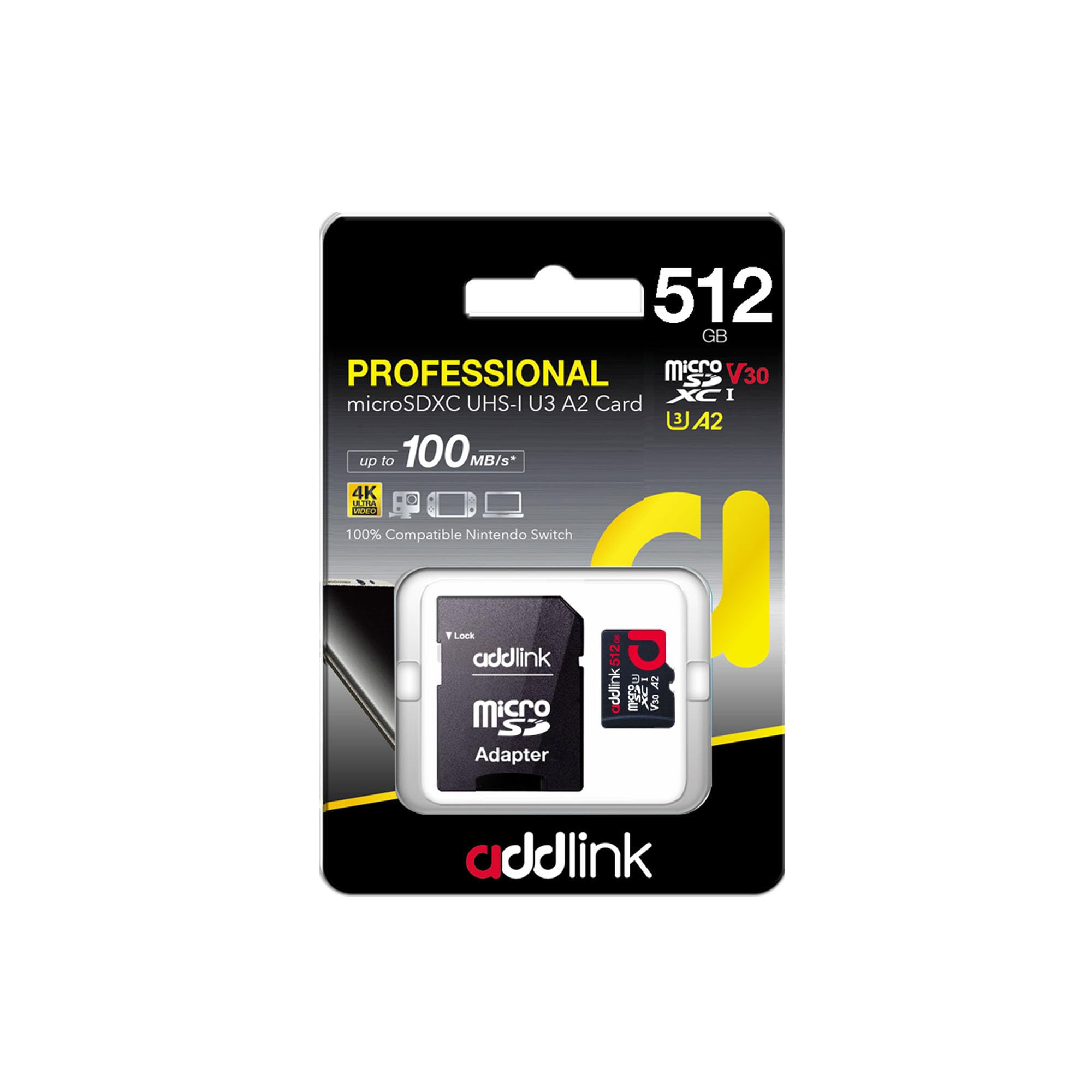 Addlink Superior Gaming Microsdxc 512Gb Memory Card With Adapter Uhs I, C10, U3, V30, A2, 4K Video, Up To 100Mb/S, For Nintendo 