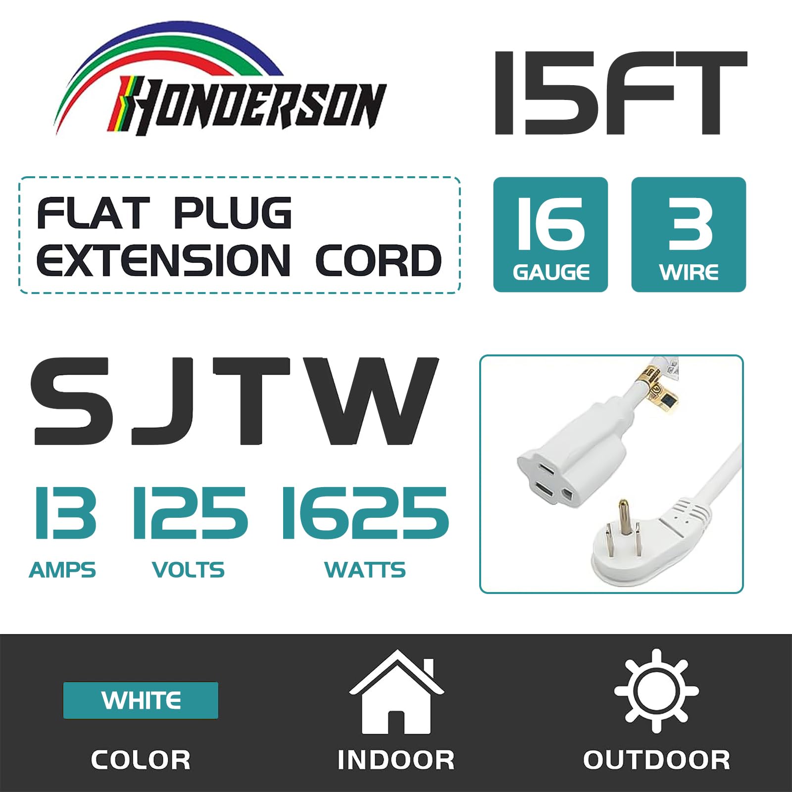 Honderson Flat Plug Indoor Extension Cord, Ul Listed, 16 Gauge 15Ft White 3 Prong Heavy Duty Extension Cord, 16/3 Sjtw 13A Power