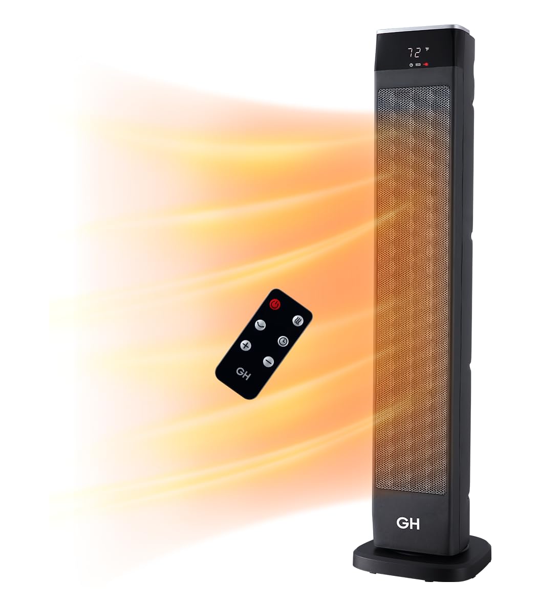Good Housekeeping Oscillating Ceramic Tower Space Heater With Remote, 30'', Black