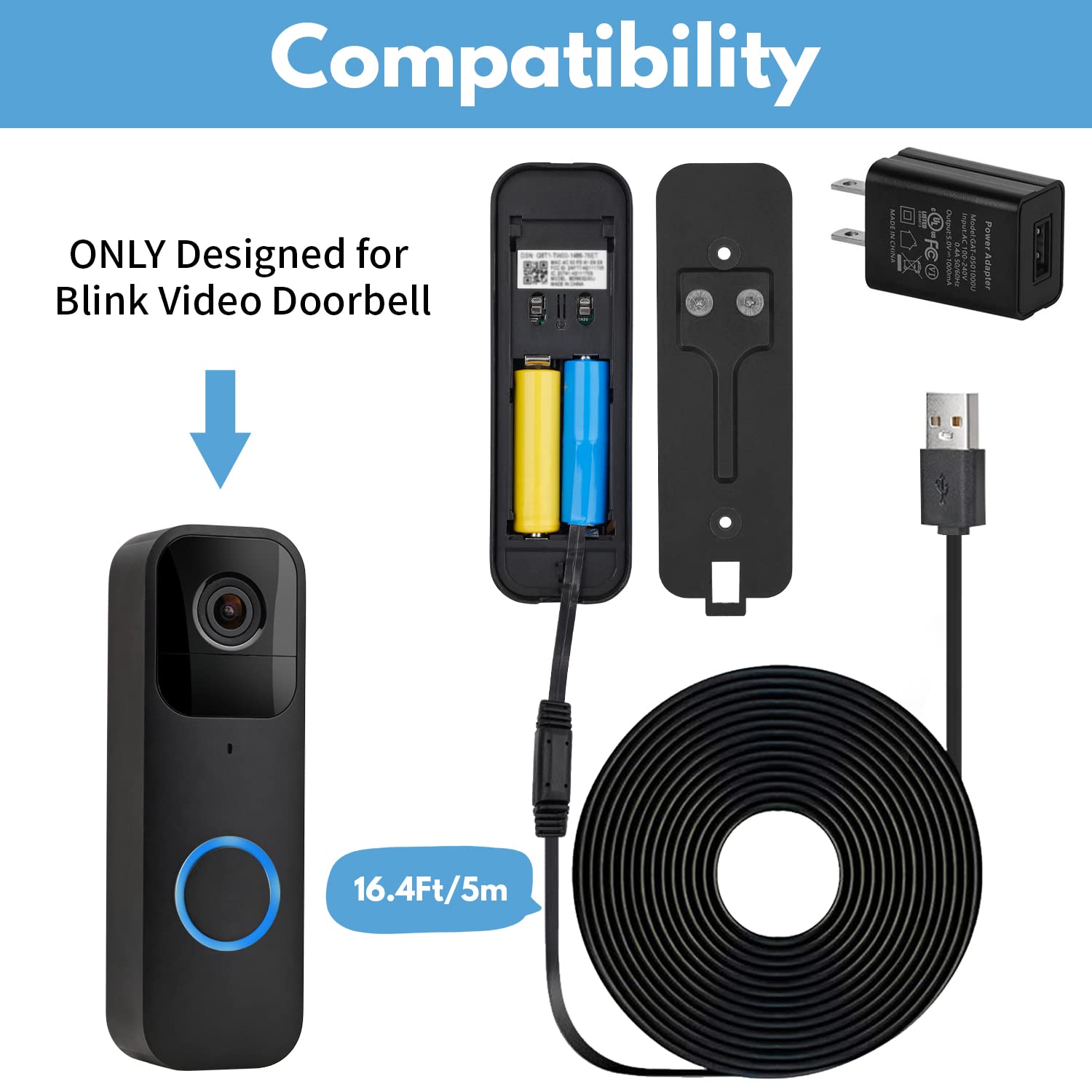 Alertcam Power Adapter For Blink Video Doorbell (Replace Battery), Doorbell Transformer With 16.4Ft/5M Weatherproof Cable Contin