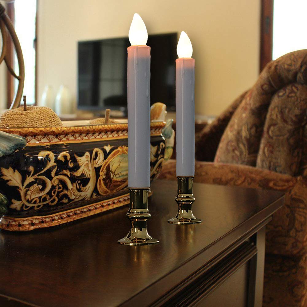 Wondise White Flameless Flickering Taper Candles   Battery Operated With Remote & Timer, Gold Holders, Suction Cups, Christmas W
