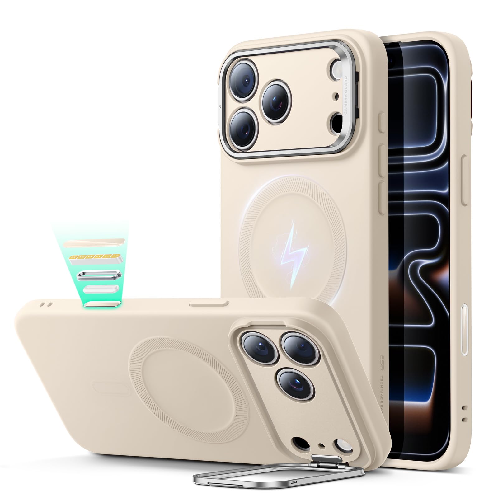 ESR Silicone Case for iPhone 17 Pro Max, Built-in Camera Stash Stand Compatible with MagSafe, Military-Grade Drop Protection Mag