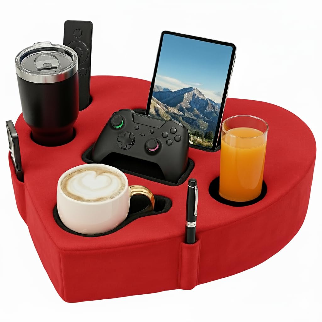 Heart-Shaped Bed & Couch Cup Holder Pillow - 8-in-1 Sofa Cup Holder Tray, Non-Slip Base, Washable Cover - Bed Caddy Organizer Tr