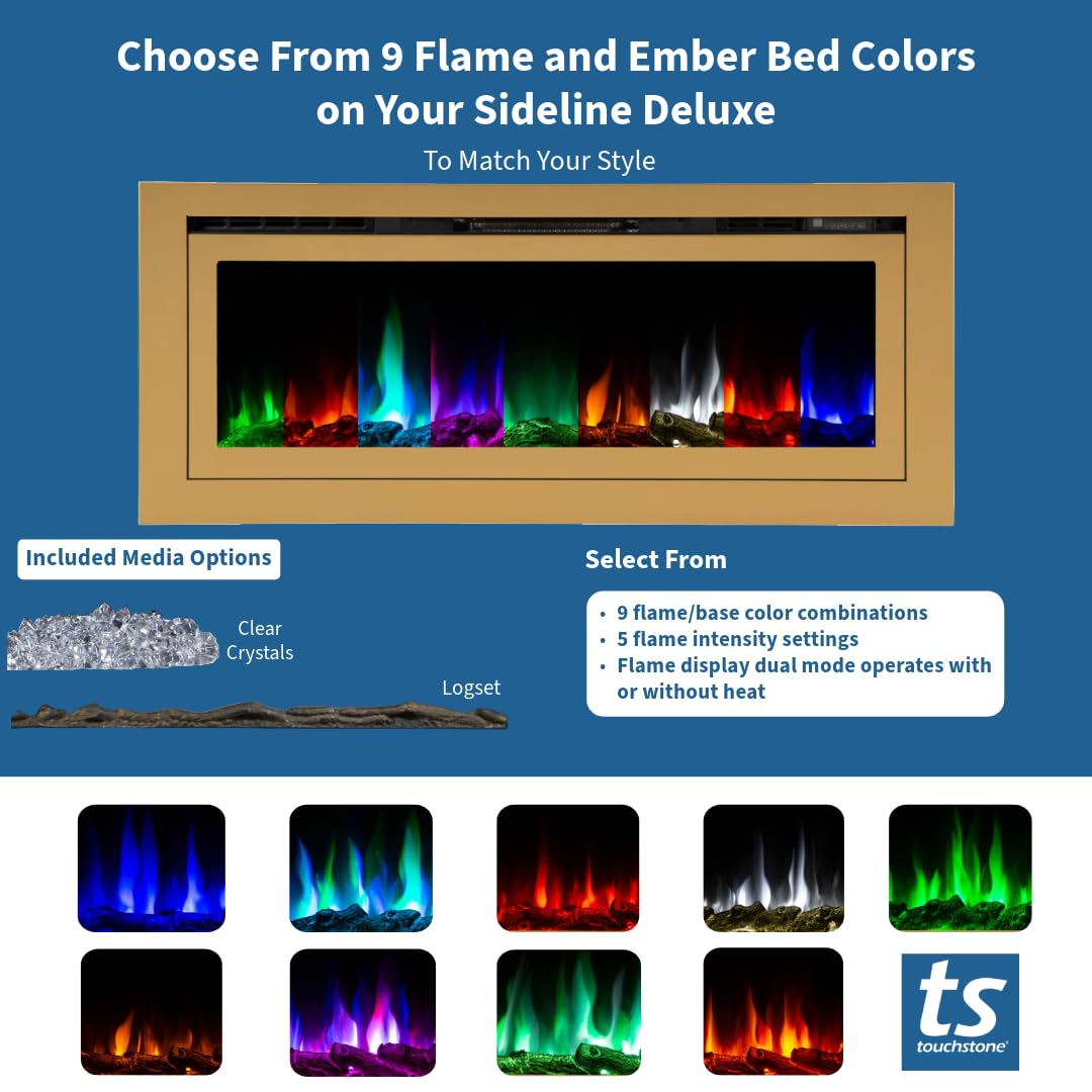 Touchstone Sideline Deluxe  Gold Smart Electric Fireplace  50 Inch Wide  Alexa/Wifi Enabled  In Wall Recessed  5 Flame Settings