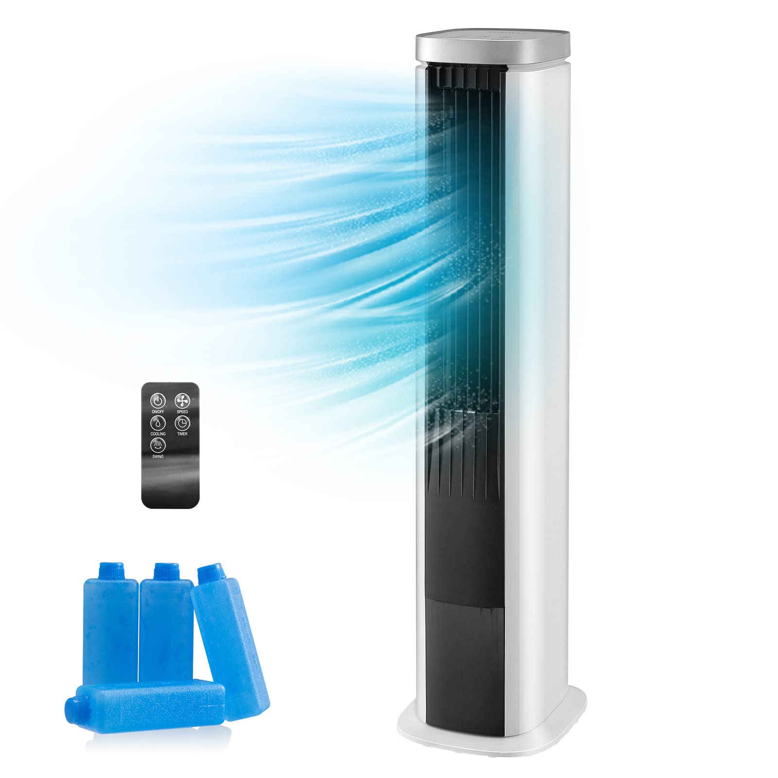 Petsite Portable Air Conditioner Windowless, 3 In 1 Evaporative Cooler, Remote Control, 4 Speeds, 7H Timer, 4 Ice Packs, Persona