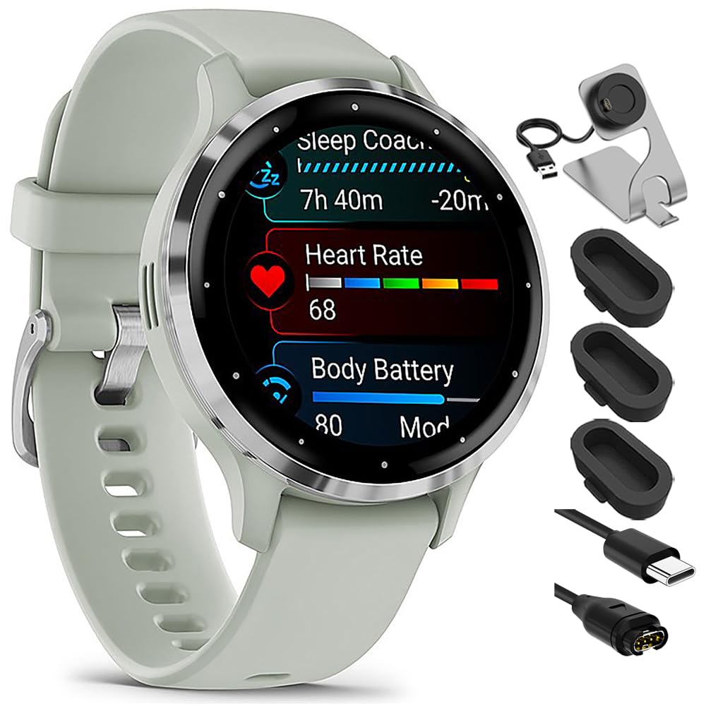 Garmin 010-02785-01 Venu 3S Health Fitness GPS Smartwatch Steel Bezel with Sage Gray Case 41mm Bundle with Charging Dock, Silico