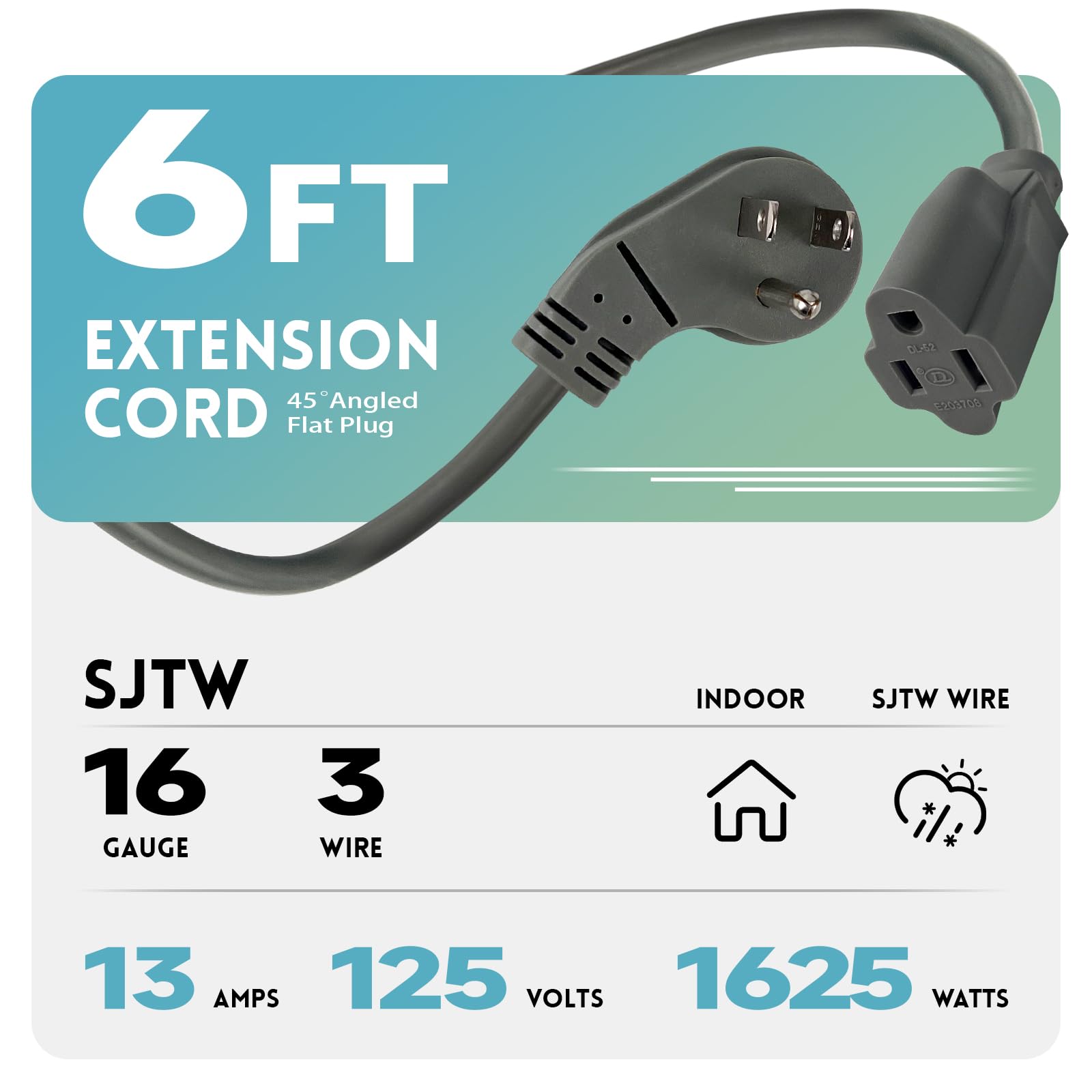 Ep 2 Pack 6 Ft Flat Plug Extension Cord, 16 Awg 3 Prong Grounded Grey Low Profile Extension Cable For Indoor