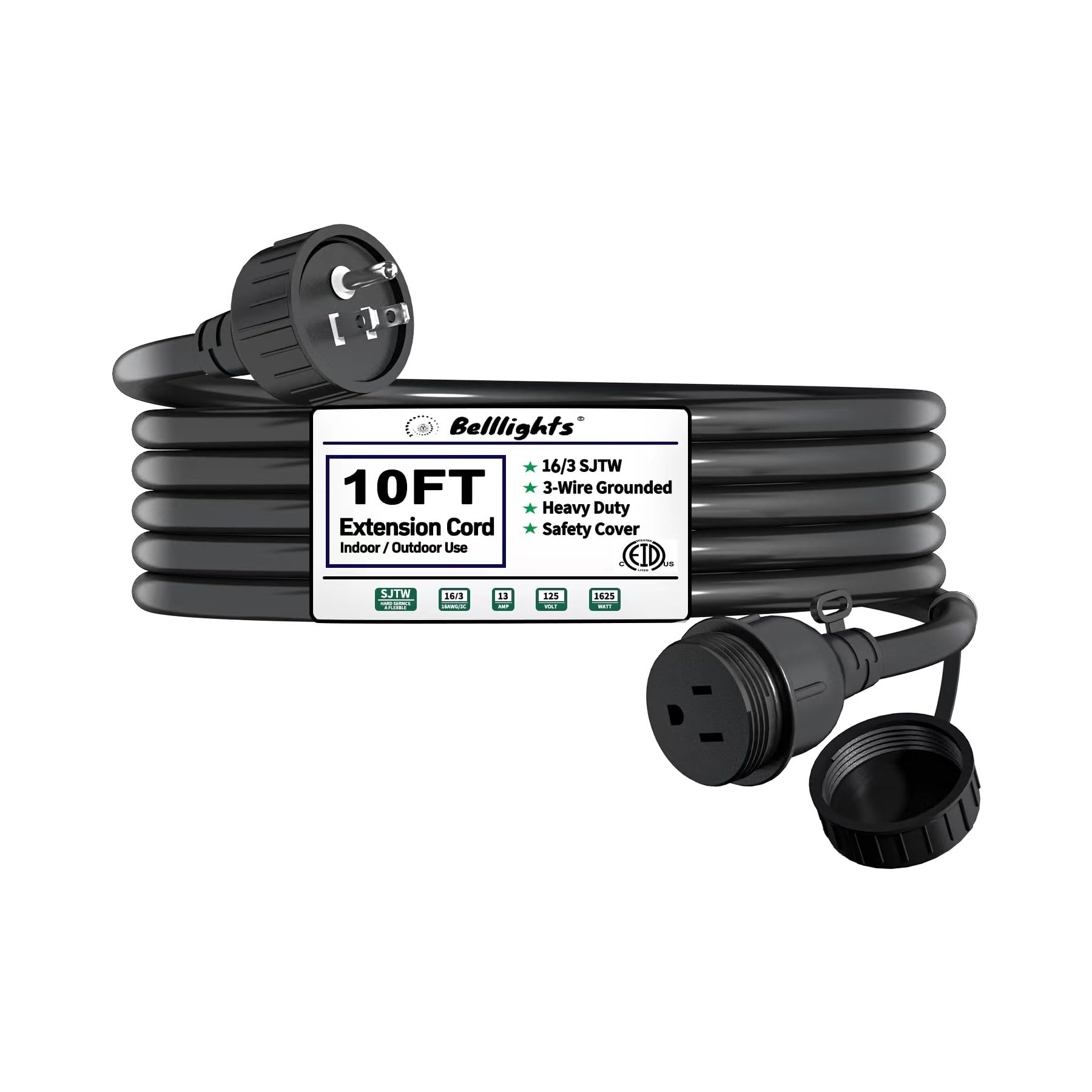 50Ft Green Outdoor Extension Cord, Evenly Spaced 6 Outlets Plugs With Waterproof Cover, 16/3 Sjtw Weatherproof Multiple Outlets